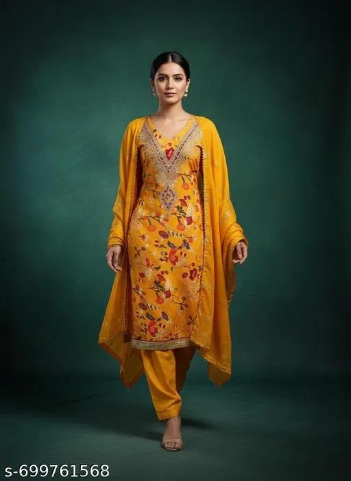 Bandhani Printed Jaipuri Designs Embroidered Top Bottom Duppata for Women (Yellow, Un Stitched)