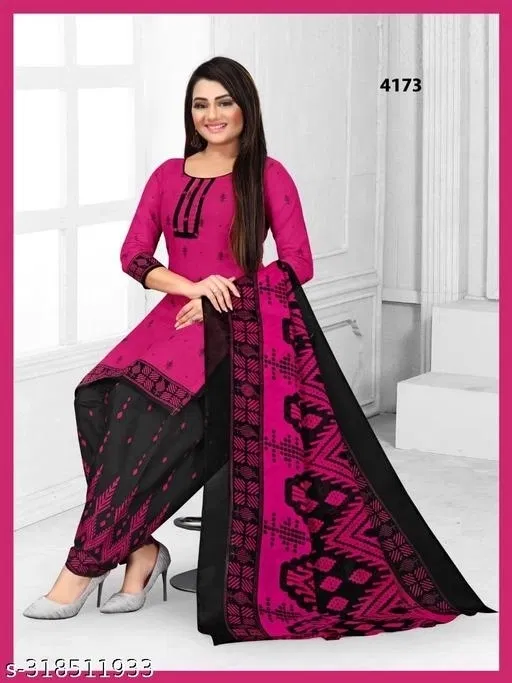Cotton Printed Salwar Suit for Women (Pink, XL)