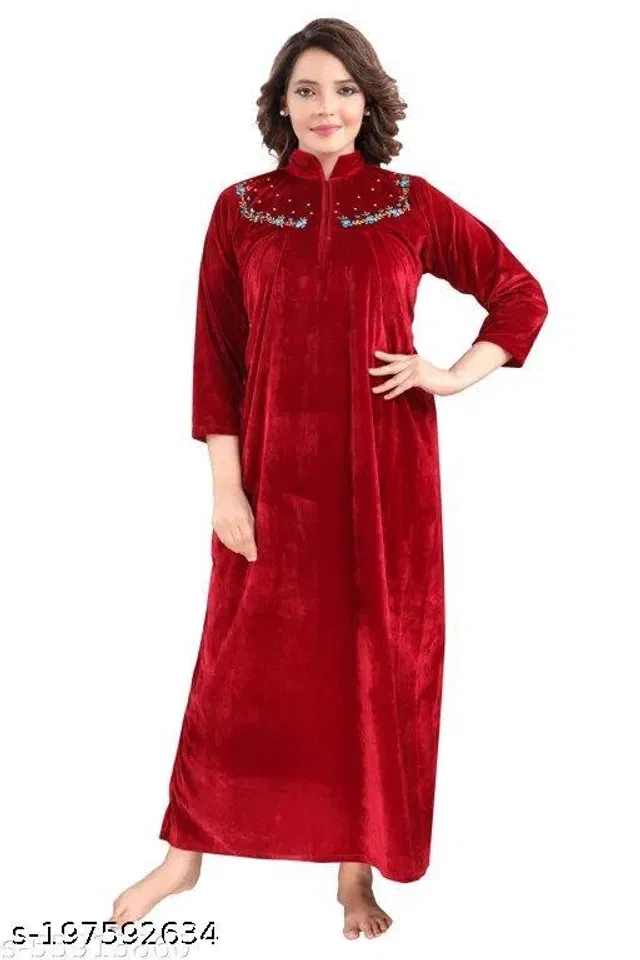 Velvet Nightdress Set for Women (Maroon, M)