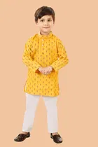Cotton Blend Printed Kurta with Payjama for Boys, Yellow & White 