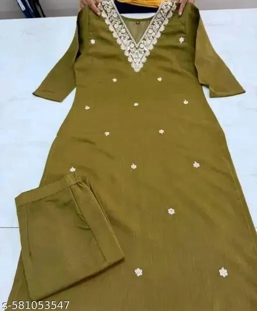 Designer Kurti Pant Set for Women (Olive, XS)