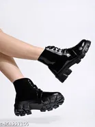 Shoetopia Solid Patent Leather Block Heel Boots Black 
