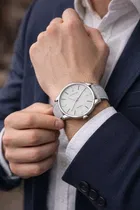 Stainless Steel Dial with PU Strap Analog Watch for Men, Grey