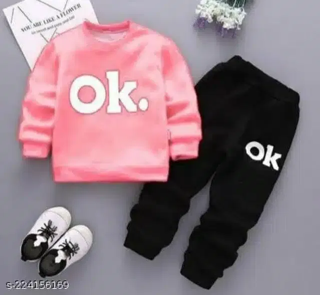 Hosiery Cotton Full Sleeves T-Shirt with Pant Clothing Set for Kids (Pink & Black, 1-2 Years)