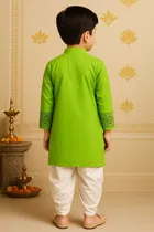 Cotton Printed Kurta with Dhoti for Boys, Green & White 