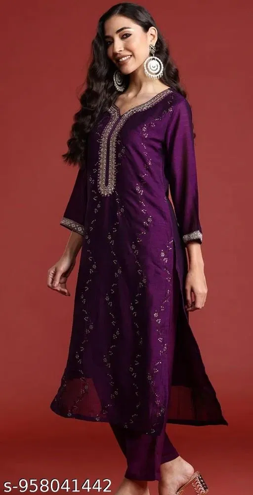 Designer Kurti Pant Set for Women (Purple, L)
