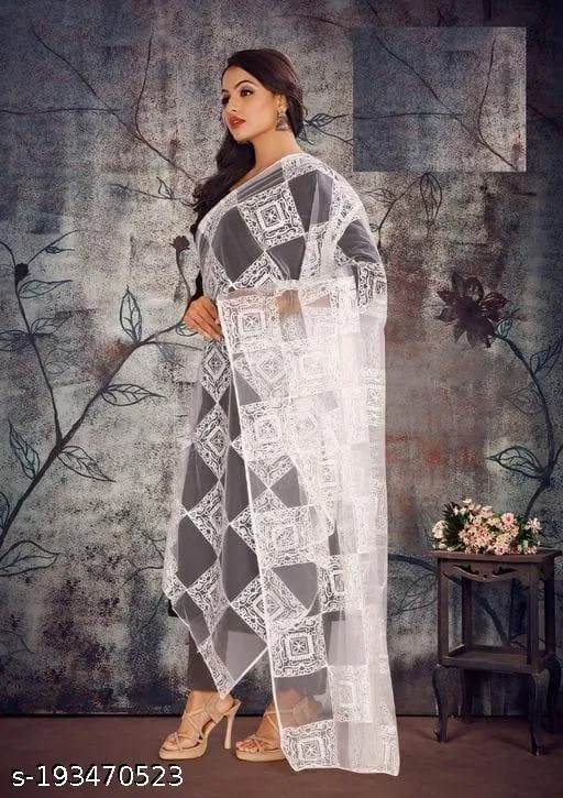 Botanical Embroidered Net Dupatta for Women (White, Free Size)