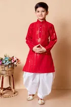 Cotton Embellished Kurta with Dhoti for Boys, Red & White 