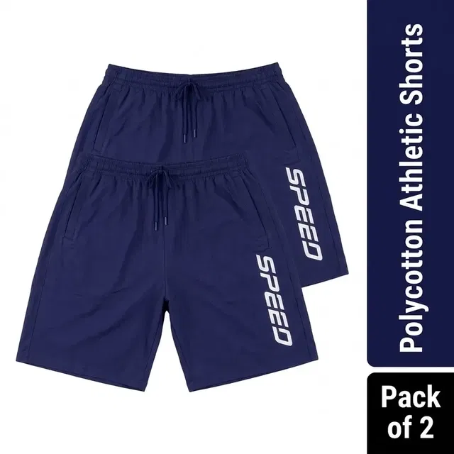 Polycotton Athletic Shorts for Men - Pack of 2, Blue, XL