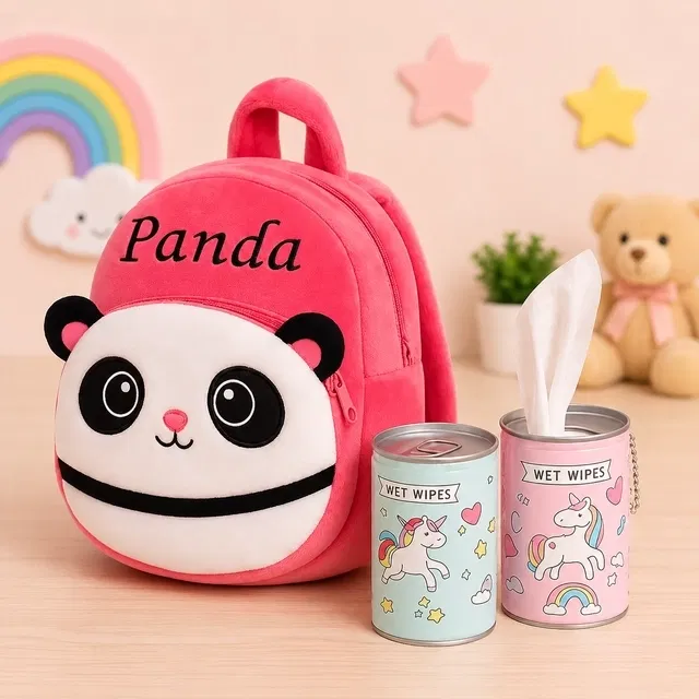 Pink Panda Velvet School Bag and Mini Portable Wet Wipes Tissue 2 Can for Cleaning Face Body (Set of 3) Multicolor