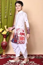 Dupion Silk Printed Kurta with Dhoti for Boys, Multicolor 