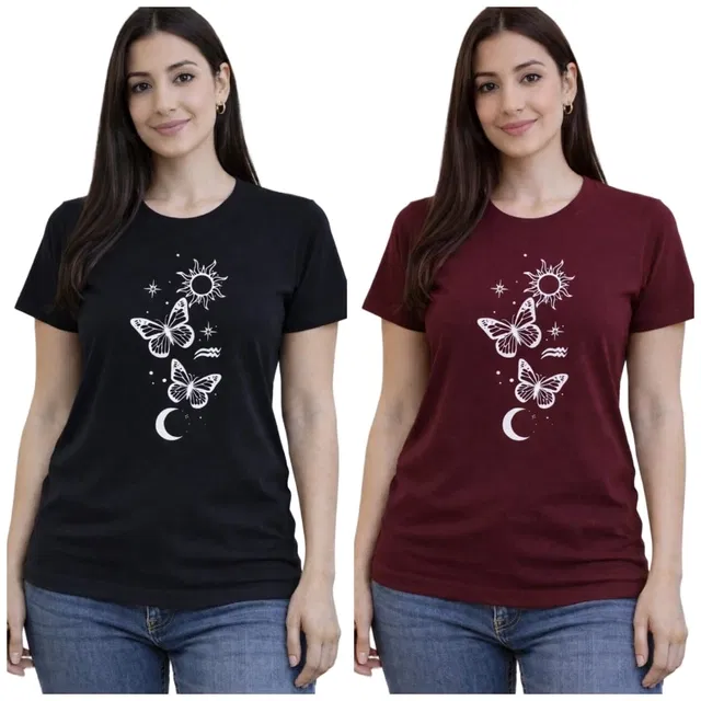 Cotton Blend T-shirt for Women, Black & Maroon, Pack of 2 (S)