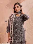 Polyester Printed Kurta With Paint & Dupatta Set for Women, Black & Beige 