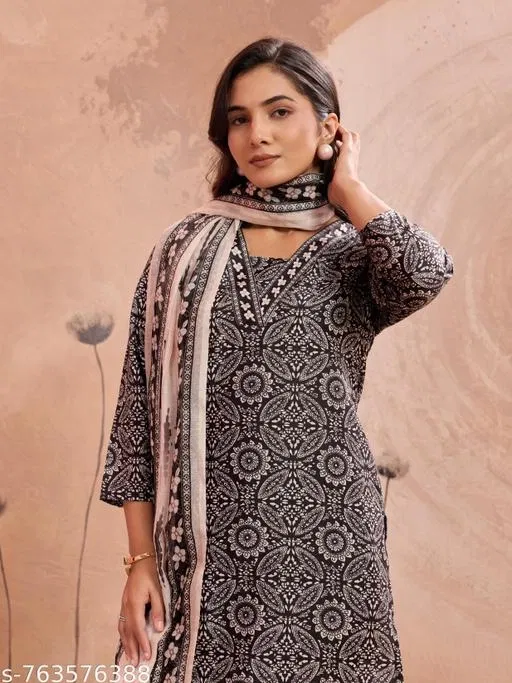 Polyester Printed Kurta With Paint & Dupatta Set for Women, Black & Beige (XL)