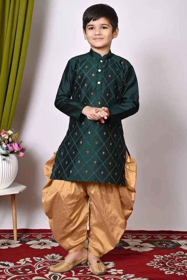 Dupion Silk Embellished Kurta with Dhoti for Boys, Bottle Green & Beige (6-12 Months)