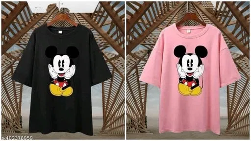 Cotton Blend Printed T-Shirt for Women, Black & Pink, Pack of 2 (M)