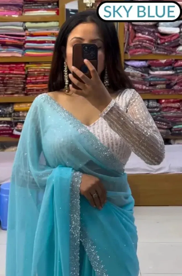 Georgette Embellished Saree for Women (Sky Blue, 6.3 m)