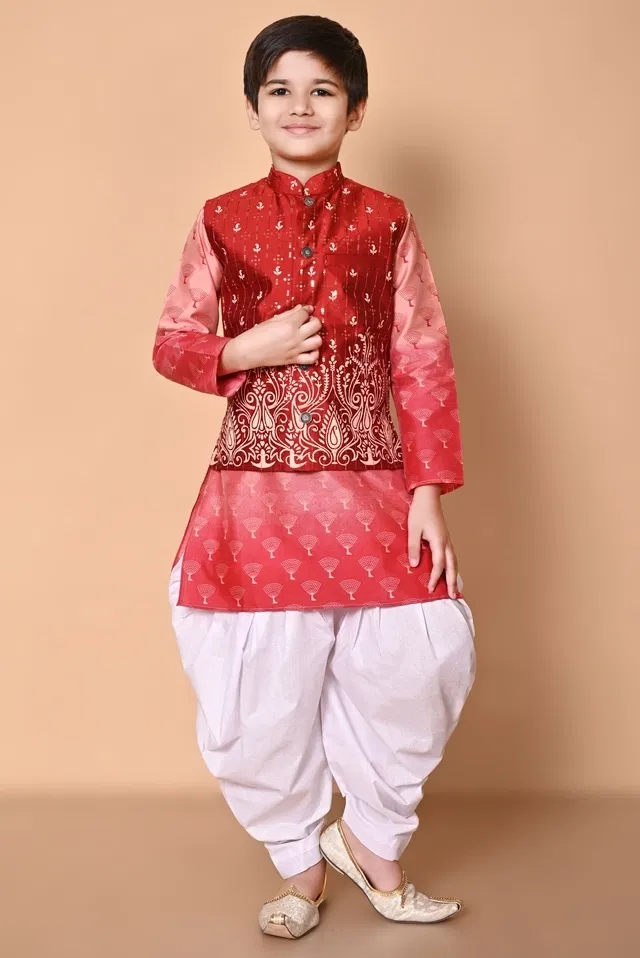 Dupion Silk Printed Kurta with Dhoti for Boys, Red & White (6-7 Years)