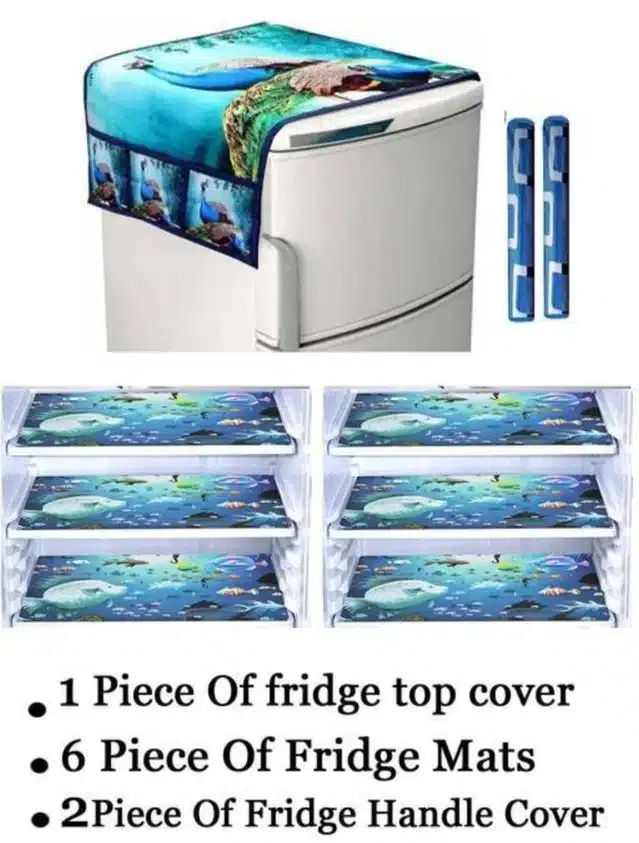 Knit Printed Fridge 6 Pcs Mat with 2 Pcs Handle & Top Cover (Multicolor, Set of 1)