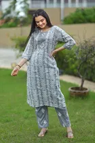 Cotton Blend Printed Kurta with Pant for Women 