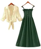 Poly Crepe Dress for Women (Green & White, M)