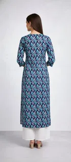 Cotton Blend Printed Kurti for Women, Blue 