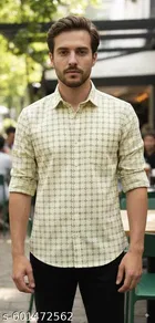 Cotton Blend Checked Shirt for Men, Cream 