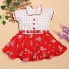 Cotton Printed Frock for Girls (Red & White, 0-3 Months)