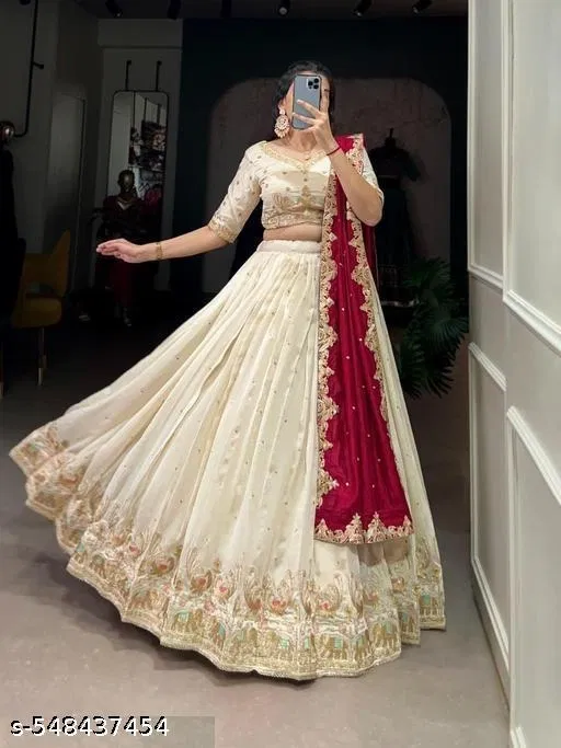 Lehenga Choli for Women (White, Free Size)