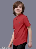 Solid Cotton Blend Mandarin Collar Short Sleeve Shirt for Boys 