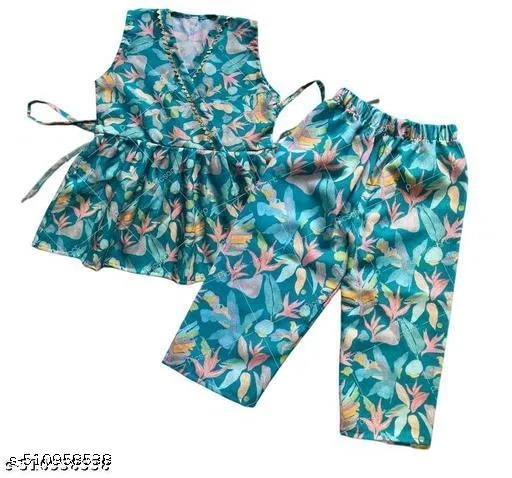 Rayon Slub Printed Clothing Set for Girls, Green, Pack of 2 (18-24 Months)