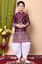 Dupion Silk Printed Kurta with Dhoti for Boys, Wine & White 