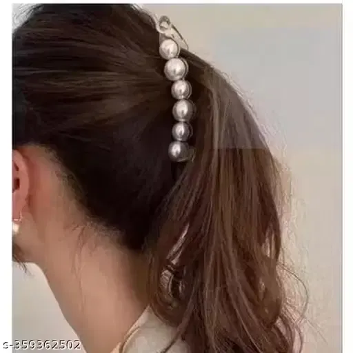 Pearl-Adorned Banana Clip Plastic Hair Clutchers for Women, White