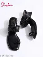 [88] Black Solid Open Toe Block Sandals for Women 