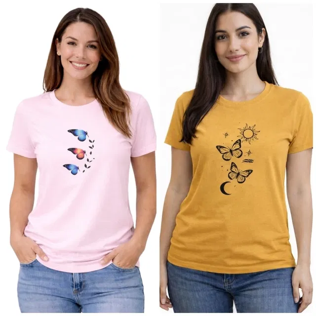 Cotton Blend T-shirt for Women, Pink & Yellow, Pack of 2 (XL)