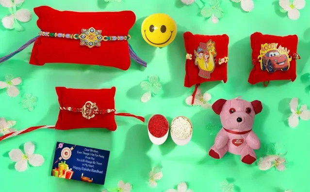 Combo of Metal 4 Pcs Rakhi with Ball, Teddy Bear, Greeting Card, Roli (Multicolor, Set of 1)