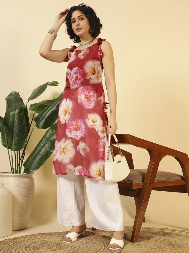 Sleeveless Kurti for Women (Red, M)