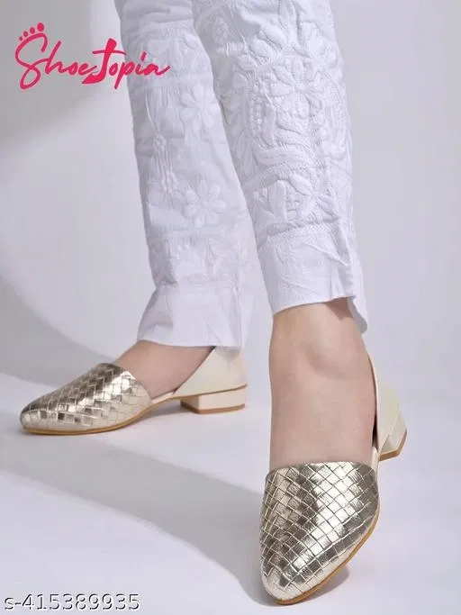 Textured Synthetic Ballerinas for Women (Gold, IND-4)