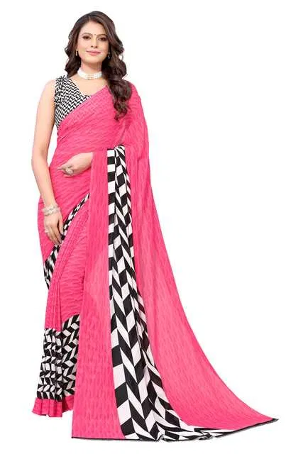 Women Georgette Printed Saree With Unstitched Blouse (Pink) (SD-33)