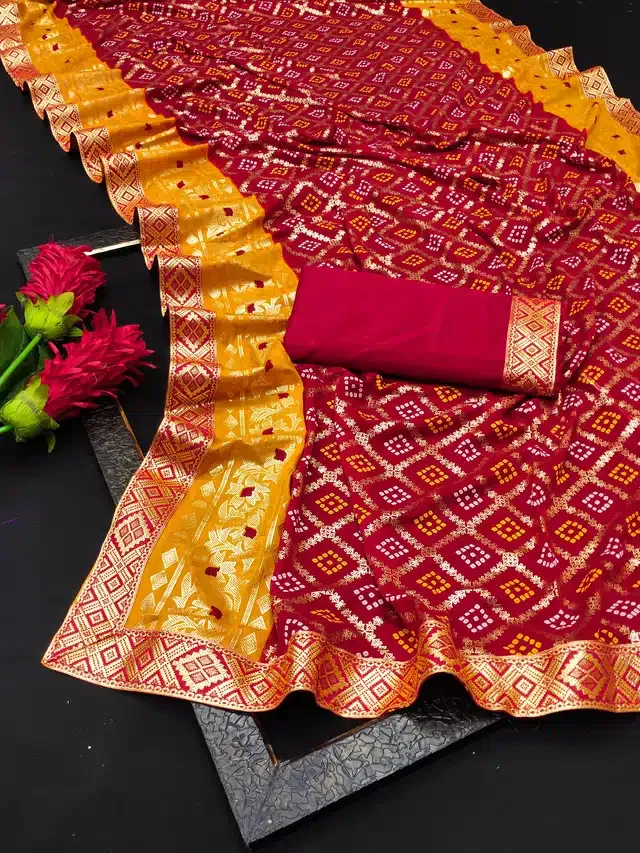 Georgette Printed Saree for Women (Red, 6.3 m)