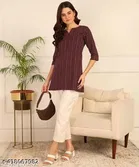 Striped Print Daily Wear Short Kurti for Women (Dark Brown) (XL)