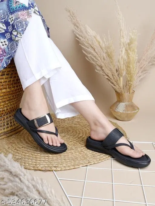Shoetopia Solid Black Open Toe Comfort Flat Sandals (Size: IND-3)