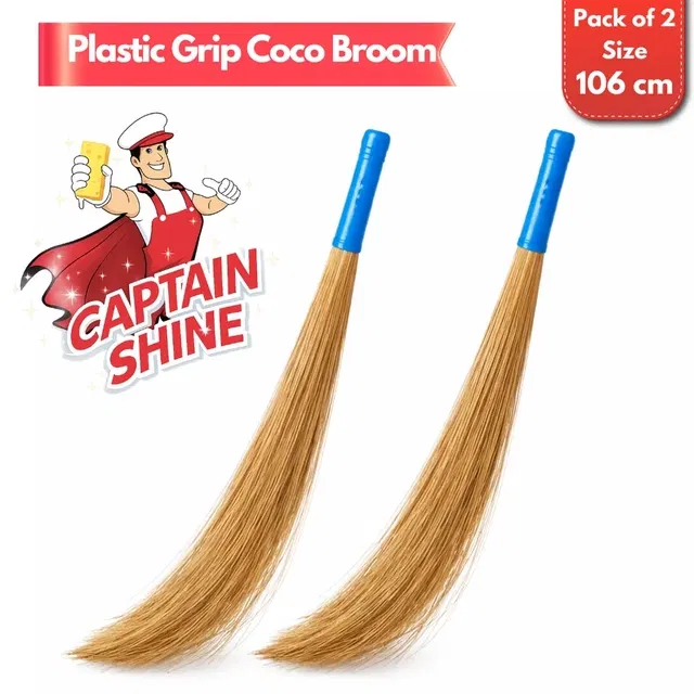 Captain Shine Coco Broom with Plastic Handle, 2x360g [Net], 106cm (Pack of 2)