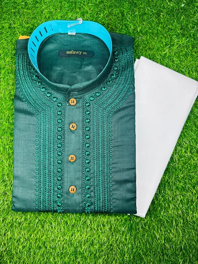 Cotton Blend Embroidered Kurta with Pyjama for Men, Dark Green & White (XXL)