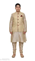 Dupion Silk Solid Kurta with Pyjama & Jacket for Men 