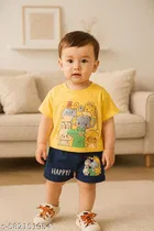 Hosiery Cotton Printed Clothing Set for Kids, Yellow & Blue 