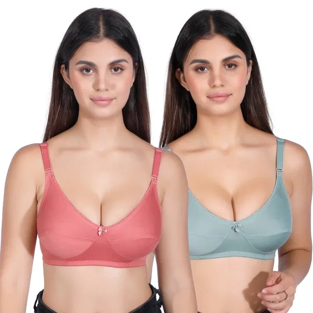 Proleaf Poly spandex Non Padded bra for women ( Green and Rust ) ( 30 A ) ( Pack of 2 )