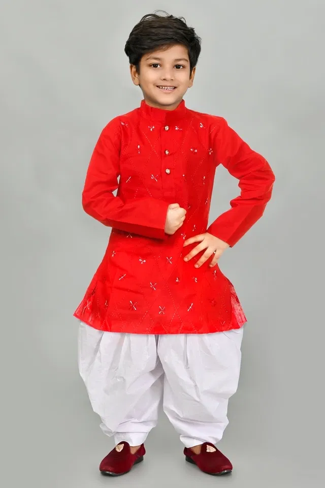 Cotton Blend Embroidery Kurta with Dhoti for Boys, Red & White (6-12 Months)