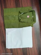 Cotton Solid Kurta Set for Men, Green & White 