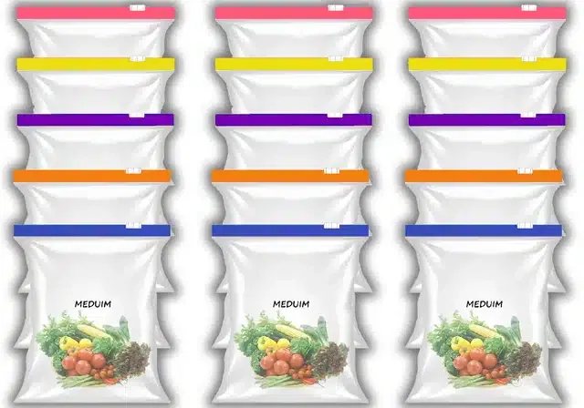 Ziplock Food Storage Pouch for Fridge (Pack of 15, 9x10 Inches) (Multicolor)